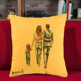 Cadou pentru Familie - Perna Personalizata Familie Acuarela Jeans, 40x40 cm, Galben, Husa Detasabila, Perna Inclusa, BEKZ®