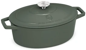 Oală din fontă emailată ovală cu capac 30 cm, 4.65L – Berlinger Haus Green Matte Collection BH 6545, verde, ideală pentru cuptor și rețete rustice