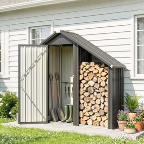 Outsunny Șopron Exterior pentru Lemne cu Dulap pentru Unelte, 0,77 m², 150x66x162 cm, Din Oțel Galvanizat, Gri Închis | Aosom Romania