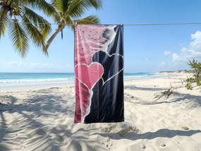 Prosop de plaja cu uscare rapida SEA OF HEARTS roz-negru 70 x 140 cm, 100% microfibra