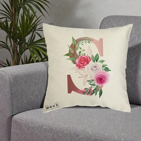 Cadou Personalizat - Perna Personalizata Monograma Rose Gold Litera S, 40x40 cm, Ecru, Husa Detasabila, Perna Inclusa, BEKZ®