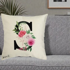 Cadou Personalizat - Perna Personalizata Monograma Florala Litera S, 40x40 cm, Ecru, Husa Detasabila, Perna Inclusa, BEKZ®