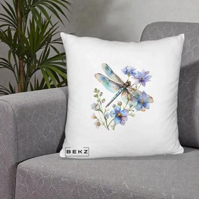 Perna Decorativa Libelula Acuarela Flori Albastre, 40x40 cm, Alb Pufos, Husa Detasabila, Perna Inclusa, BEKZ®