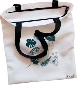 Sacosa de Panza pentru Cumparaturi, Geanta Tote, model Design Botanic, Cu fermoar, 38x34.5 cm, Alba, BEKZ®