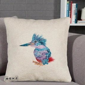 Perna Decorativa Pasare Martin Pescar Acuarela Albastru-Mov, 40x40 cm, Bej Canapea, Husa Detasabila, Perna Inclusa, BEKZ®
