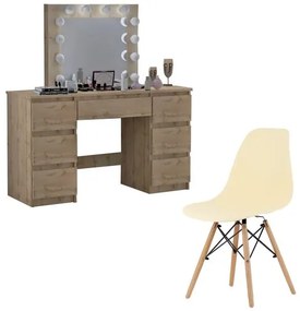 Masa de toaleta/machiaj + Scaun stil scandinav, Artool, Vanessa, stejar wotan, cu oglinda si LED-uri, 130x43x143 cm