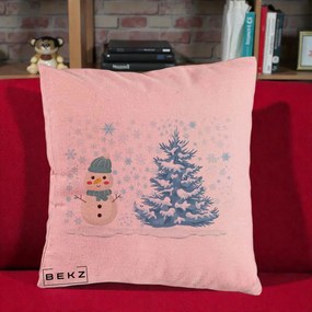 Perna Decorativa Om de Zapada si Brad Craciun, 40x40 cm, Roz, Husa Detasabila, Perna Inclusa, BEKZ®