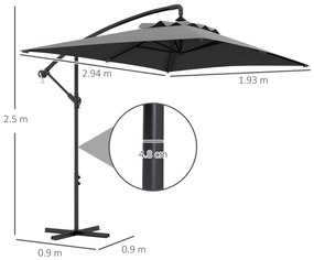 Outsunny Umbrelă Consolă 3m cu Bază în Cruce, Model Banana cu Manivelă, 6 Spite, Umbrelă Dreptunghiulară pentru Terasă, Gri | Aosom Romania