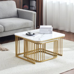 Set de 2 măsuțe pătrate din marmură lucioasă, măsuțe suprapozabile cu picioare aurii, 70×70×45 cm și 50×50×36,5 cm, Alb