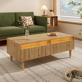 Masă de cafea cu LED, 2 sertare și iluminare LED, 110x50x40 cm, Culoare naturală