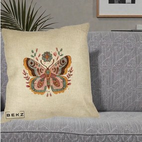 Perna Decorativa Fluture Boho Floral, 40x40 cm, Crem, Husa Detasabila, Perna Inclusa, BEKZ®