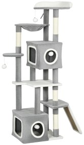 PawHut Arborele pentru Pisici cu Căsuțe, Rampe, Stinghie și 4 Mingi, Gri | Aosom Romania