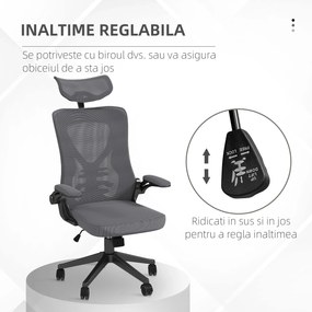 Vinsetto Scaun Ergonomic de Birou Reglabil cu Tetiera Suport Lombar Cotiere Rabatabile Gri/Negru 65x64x120-130cm | Aosom Romania