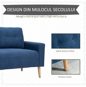 HOMCOM Canapea 2 Locuri Moderna in Stil Nordic cu Spatar Matlasat, din Poliester si Lemn, 145x76x88 cm, Albastru | Aosom Romania