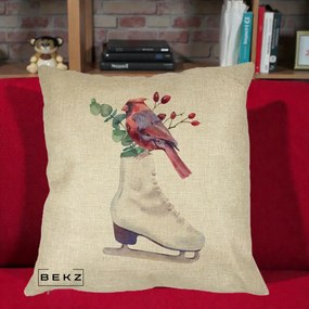Perna Decorativa Cardinal Rosu pe Patina de Gheata, 40x40 cm, Crem, Husa Detasabila, Perna Inclusa, BEKZ®