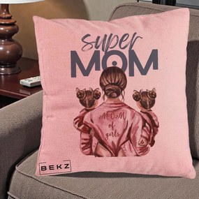 Cadou pentru Mama - Perna Personalizata Super Mom of Girls Mama cu Gemene, 40x40 cm, Roz, Husa Detasabila, Perna Inclusa, BEKZ®