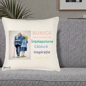 Cadou pentru Bunici - Perna Personalizata Bunicii Sursa Intelepciune Caldura Acuarela, 40x40 cm, Crem Reliefat, Husa Detasabila, Perna Inclusa, BEKZ®