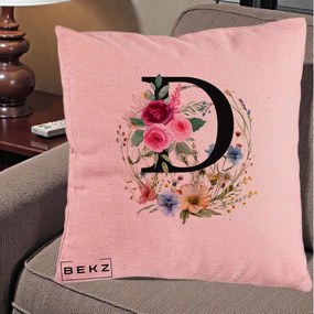 Cadou Personalizat - Perna Personalizata Monogram Litera D cu Flori Acuarela, 40x40 cm, Roz, Husa Detasabila, Perna Inclusa, BEKZ®