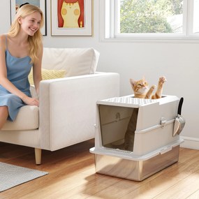 PawHut Tavă de litieră închisă pentru pisici, casă de toaletă din oțel inoxidabil pentru pisici, 60,2 x 40,2 x 43,7 cm, gri deschis | Aosom Romania