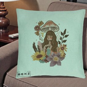 Perna Decorativa Fata Ciuperca Boho Florala, 40x40 cm, Verde Menta, Husa Detasabila, Perna Inclusa, BEKZ®