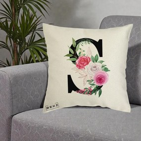 Cadou Personalizat - Perna Personalizata Monograma Florala Litera S, 40x40 cm, Ecru, Husa Detasabila, Perna Inclusa, BEKZ®