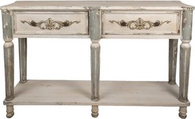 Consolă hol shabby chic din lemn, alb, cu 2 sertare, raft, picioare gri canelate și ornamente sculptate, 92 x 141 x 36 cm, „Marguerite”