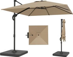 Outsunny Parasol cu braț lateral pătrat parasol de grădină exterior bază și plăci de umplere stâlp aluminiu protecție UV50+2,4x2,4m kaki | Aosom Romania
