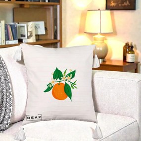 Perna Decorativa Portocala in Floare, 40x40 cm, Bej cu Franjuri, Husa Detasabila, Perna Inclusa, BEKZ®