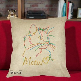 Perna Personalizata Pisica Meow Arta Linie Colorata, 40x40 cm, Crem, Husa Detasabila, Perna Inclusa, BEKZ®