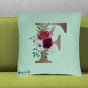 Cadou Personalizat - Perna Personalizata Monograma Rose Gold Litera F, 40x40 cm, Verde Menta, Husa Detasabila, Perna Inclusa, BEKZ®