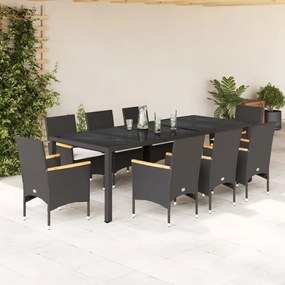 3278733 vidaXL Set mobilier de grădină cu perne 9 piese negru poliratan&sticlă