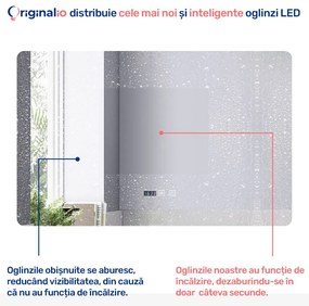 Oglindă LED Dreptunghiulară (110x70 cm), 3 Moduri Iluminare (Lumină Rece, Naturală, Caldă), Intensitate Reglabilă, Funcție Dezaburire, Ceas (Timer) și Termometru, Control Tactil (Touch)