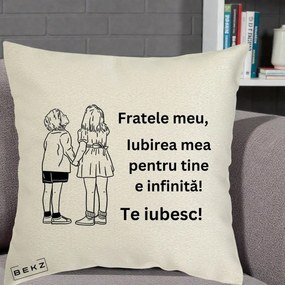 Cadou pentru Frate - Perna Personalizata Fratele Meu Te Iubesc Copii Tinand Maini Line Art, 40x40 cm, Ecru, Husa Detasabila, Perna Inclusa, BEKZ®