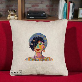 Perna Decorativa Portret Femeie Etnic Colorat, 40x40 cm, Bej Canapea, Husa Detasabila, Perna Inclusa, BEKZ®