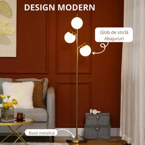 Homcom Lampă de Podea Modernă cu 3 Lumini, Design din Oțel și Sticlă, Ø27x169cm, Finisaj Auriu și Abajur Alb, pentru Interior | Aosom Romania