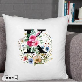 Cadou Personalizat - Perna Personalizata Monogram Litera K cu Flori Acuarela, 40x40 cm, Alb Pufos, Husa Detasabila, Perna Inclusa, BEKZ®