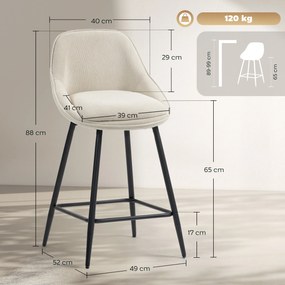 HOMCOM Set de 2 scaune de bar cu acoperire cord și picioare din oțel, scaune tapițate pentru insula bucătăriei, sufragerie, cremă | Aosom Romania