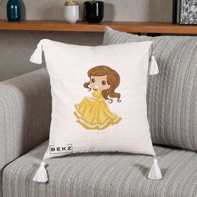Perna Decorativa Printesa Bella Rochie Aurie, 40x40 cm, Bej cu Franjuri, Husa Detasabila, Perna Inclusa, BEKZ®
