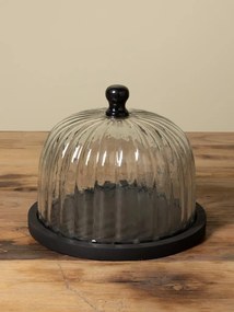 Platou cu capac din sticlă canelată și lemn de mango, negru, clopot pentru prăjituri cu mâner, 19 x 21 cm, „Pumkin”