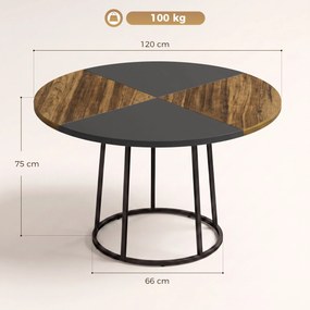 HOMCOM Masă de Dining Rotundă pentru 4-6 Persoane, Blat Bicolor MDF și Metal, 120x120x75 cm, Maro Rustic și Negru | Aosom Romania