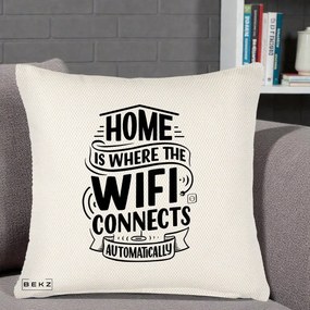 Perna Decorativa Home Is Where WiFi Connects, 40x40 cm, Crem Reliefat, Husa Detasabila, Perna Inclusa, BEKZ®