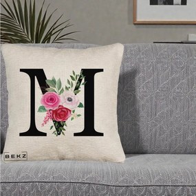 Cadou Personalizat - Perna Personalizata Monograma Florala Litera M cu Trandafiri si Anemona, 40x40 cm, Bej Canapea, Husa Detasabila, Perna Inclusa, BEKZ®