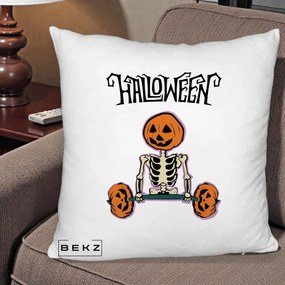 Perna Decorativa Halloween Schelet cu Cap de Dovleac Powerlifting, 40x40 cm, Alb Pufos, Husa Detasabila, Perna Inclusa, BEKZ®