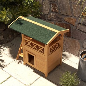 PawHut Maison lodge pentru pisici sălbatice rătăcitoare cu terasă scară 77 x 50 x 73 cm lemn natural și verde | Aosom Romania