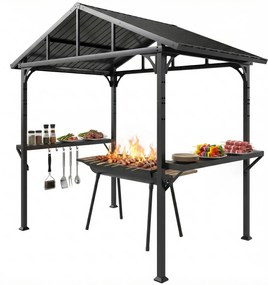 Outsunny Pavilion pentru grătar 2,52 x 1,56 m, pavilion impermeabil cu acoperiș în două ape, poliță laterală, cârlige, cadru din oțel, Negru | Aosom Romania
