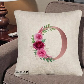 Cadou Personalizat - Perna Personalizata Monograma Rose Gold Litera O, 40x40 cm, Bej Canapea, Husa Detasabila, Perna Inclusa, BEKZ®