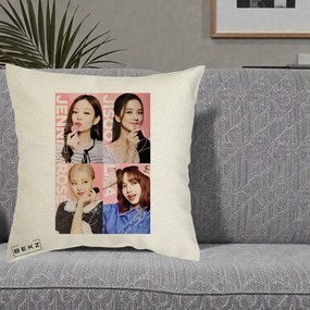 Perna Personalizata K-pop BLACKPINK Colaj 4 Portrete cu Semnature, 40x40 cm, Ecru, Husa Detasabila, Perna Inclusa, BEKZ®
