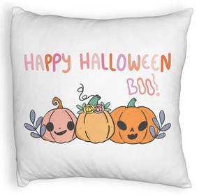 Perna Decorativa Fluffy cu motiv Dovleac si Text de Halloween, Multicolor, 40x40 cm, Alba, Husa Detasabila, Burduf