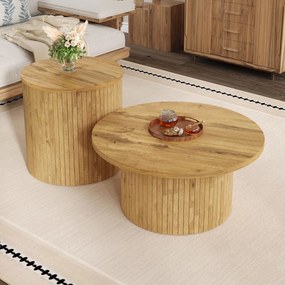 Set de 2 măsuțe de cafea rotunde, cu fronturi cu lamele verticale din lemn natural și colțuri rotunjite, 75x75x36 cm/50x50x50,5 cm, Culoare naturală