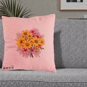 Perna Decorativa Floarea-Soarelui cu Cosmos Roz si Gypsophila, 40x40 cm, Roz, Husa Detasabila, Perna Inclusa, BEKZ®